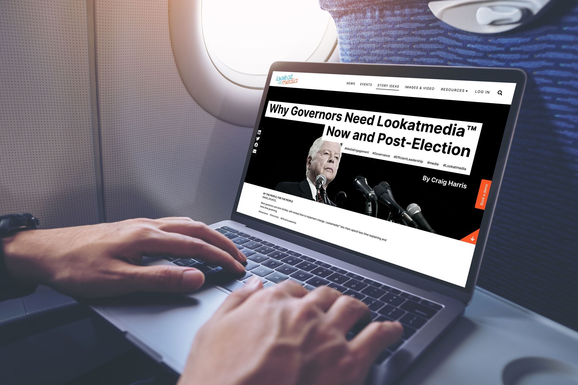 Mockup image of a man using and typing at laptop computer with blank white desktop screen while sitting in the cabin